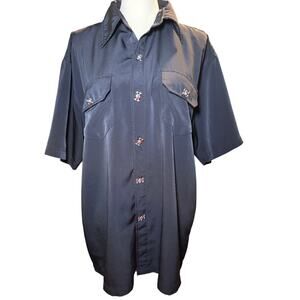 Dragonfly Y2K Goth Black Skull Crossbones Button Front Shirt, Men's Large